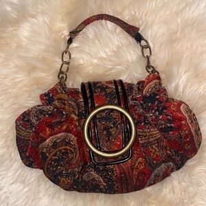 Bohemian Red Paisley Shoulder Bag with Brass Ring Accent